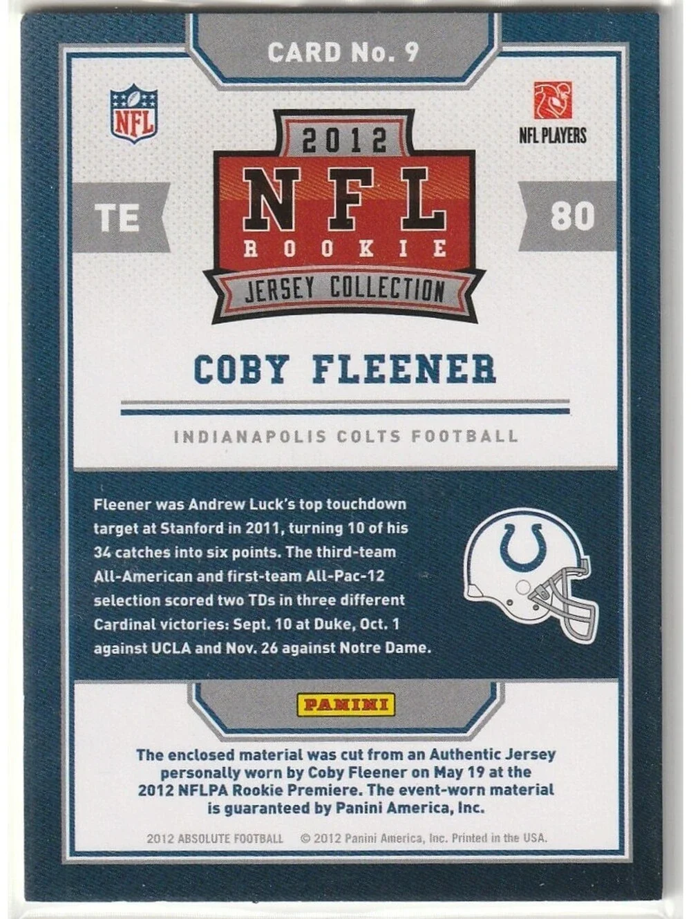 2012 Panini Absolute Coby Fleener Rookie Jersey Collection
